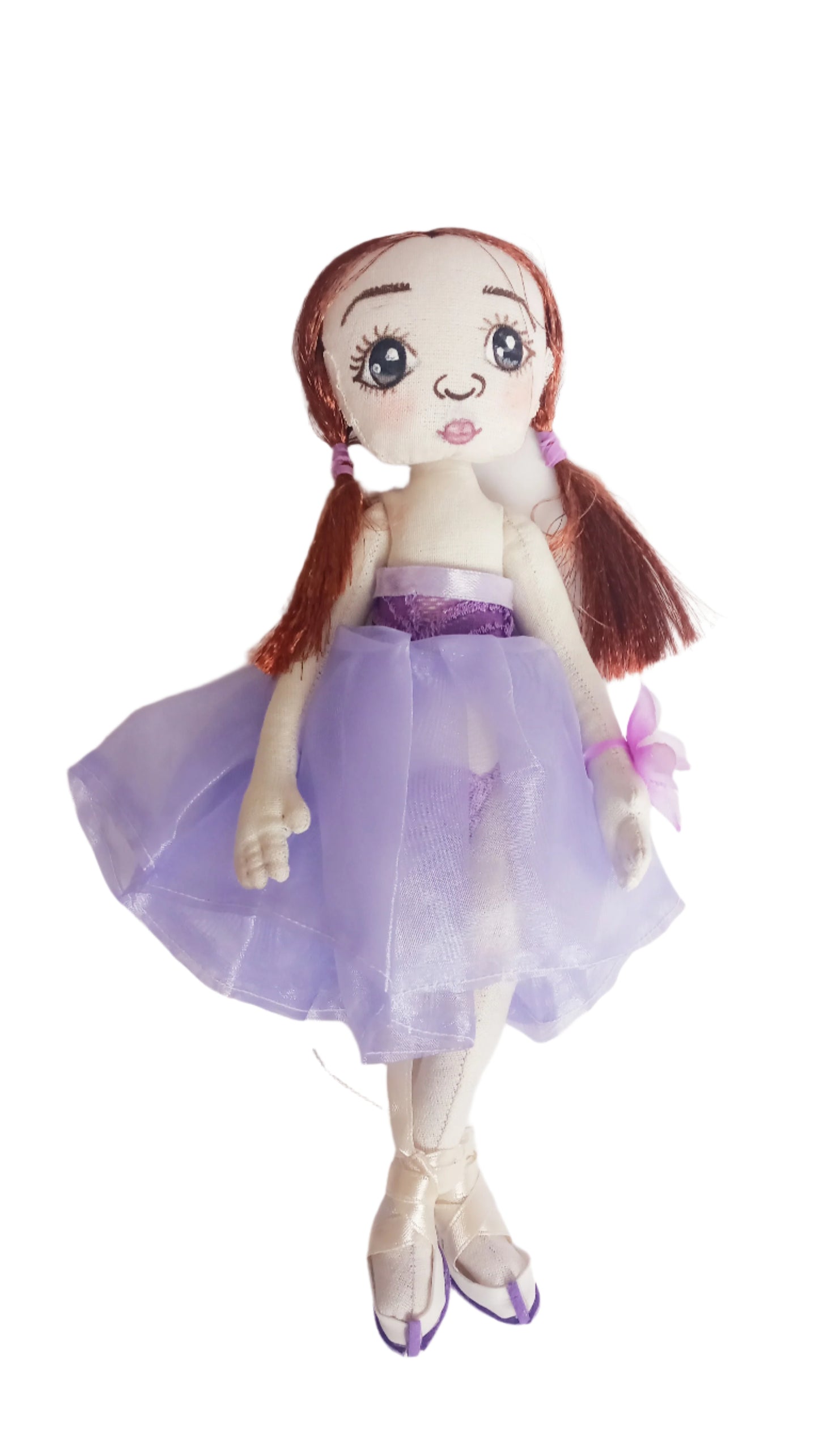 Soft fabric ballerina doll with purple ballet dress and artistic face details