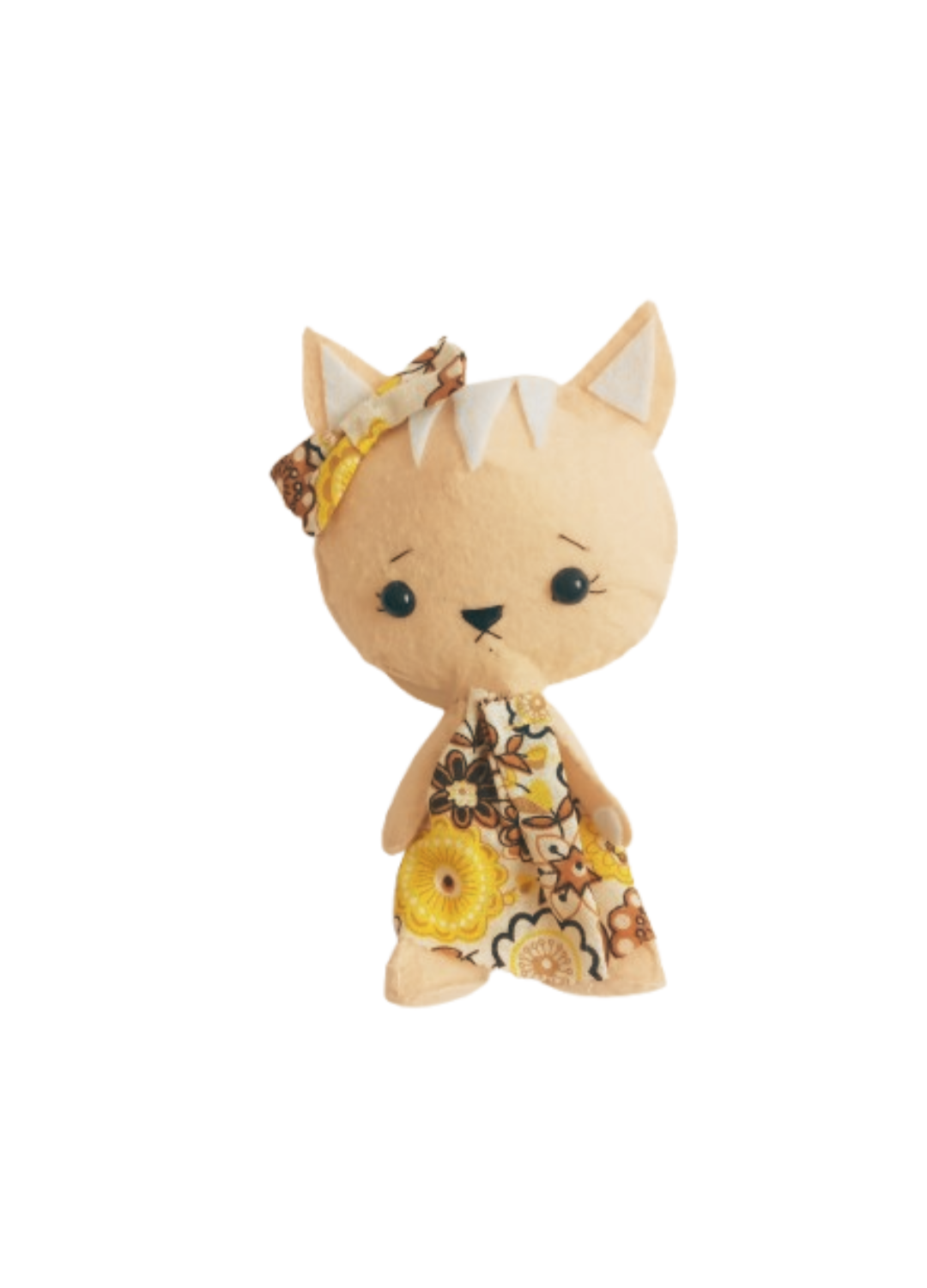 5.5 inch tall felt cat doll with detailed floral outfit
