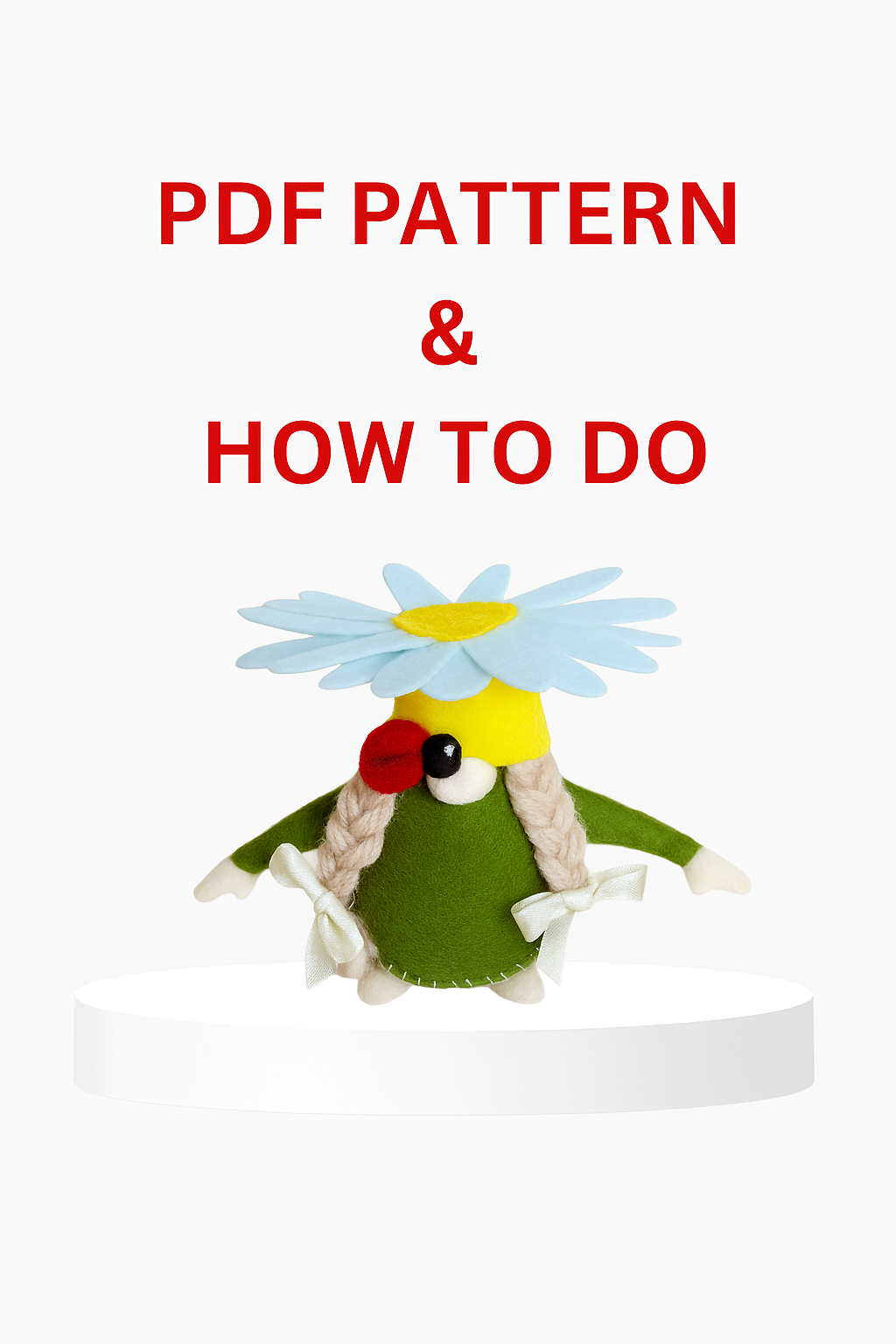 Felt daisy gnome sewing pattern, DIY craft template for handmade felt gnome with flower hat, beginner-friendly sewing project, printable PDF pattern for cute home decor