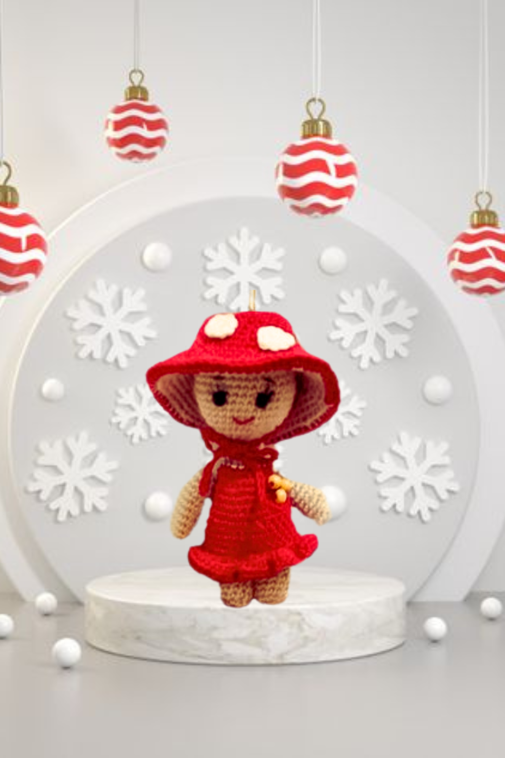 Close-up of mushroom doll’s cute embroidered face and mushroom cap details