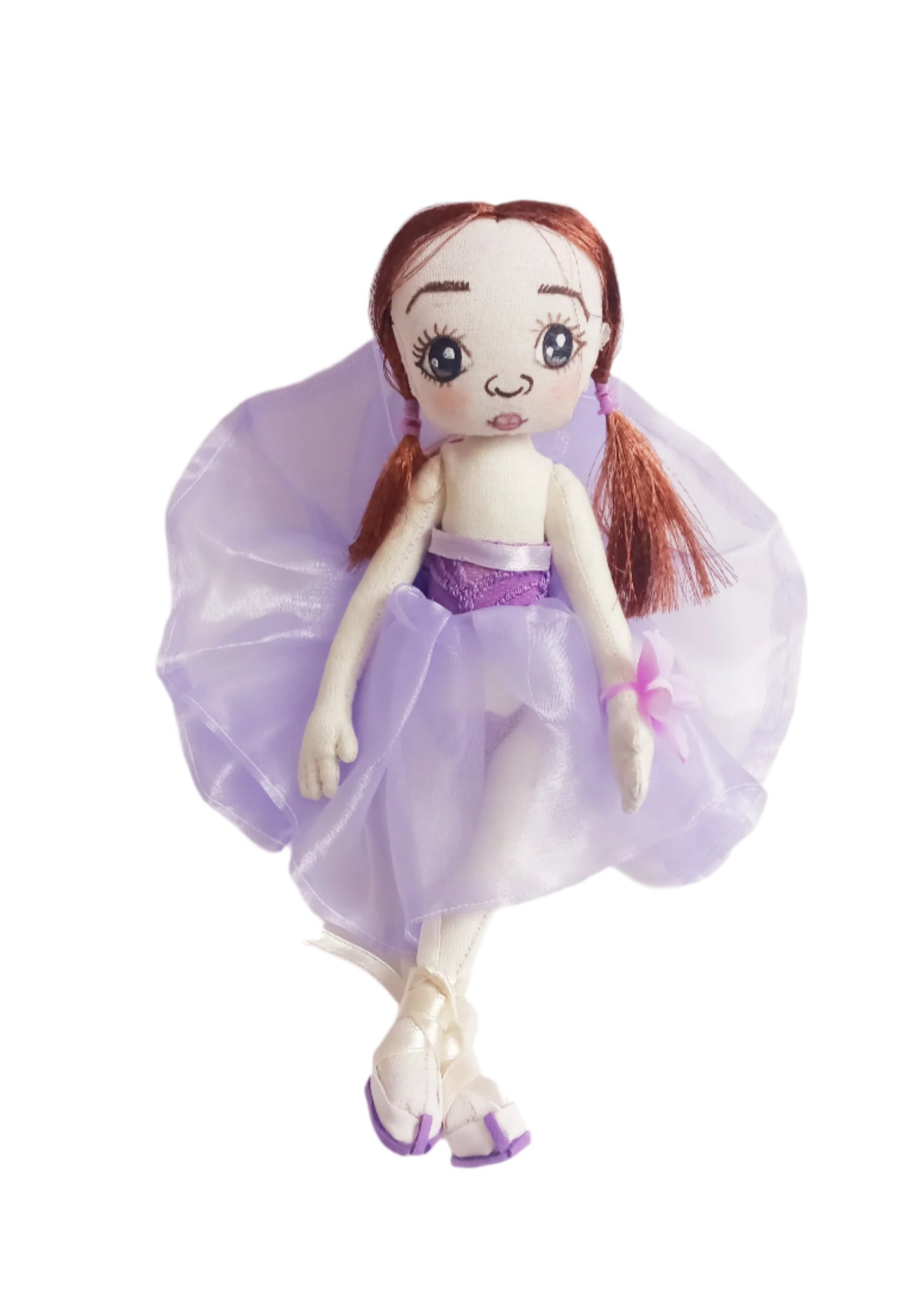 Soft fabric ballerina doll with purple ballet dress and artistic face details