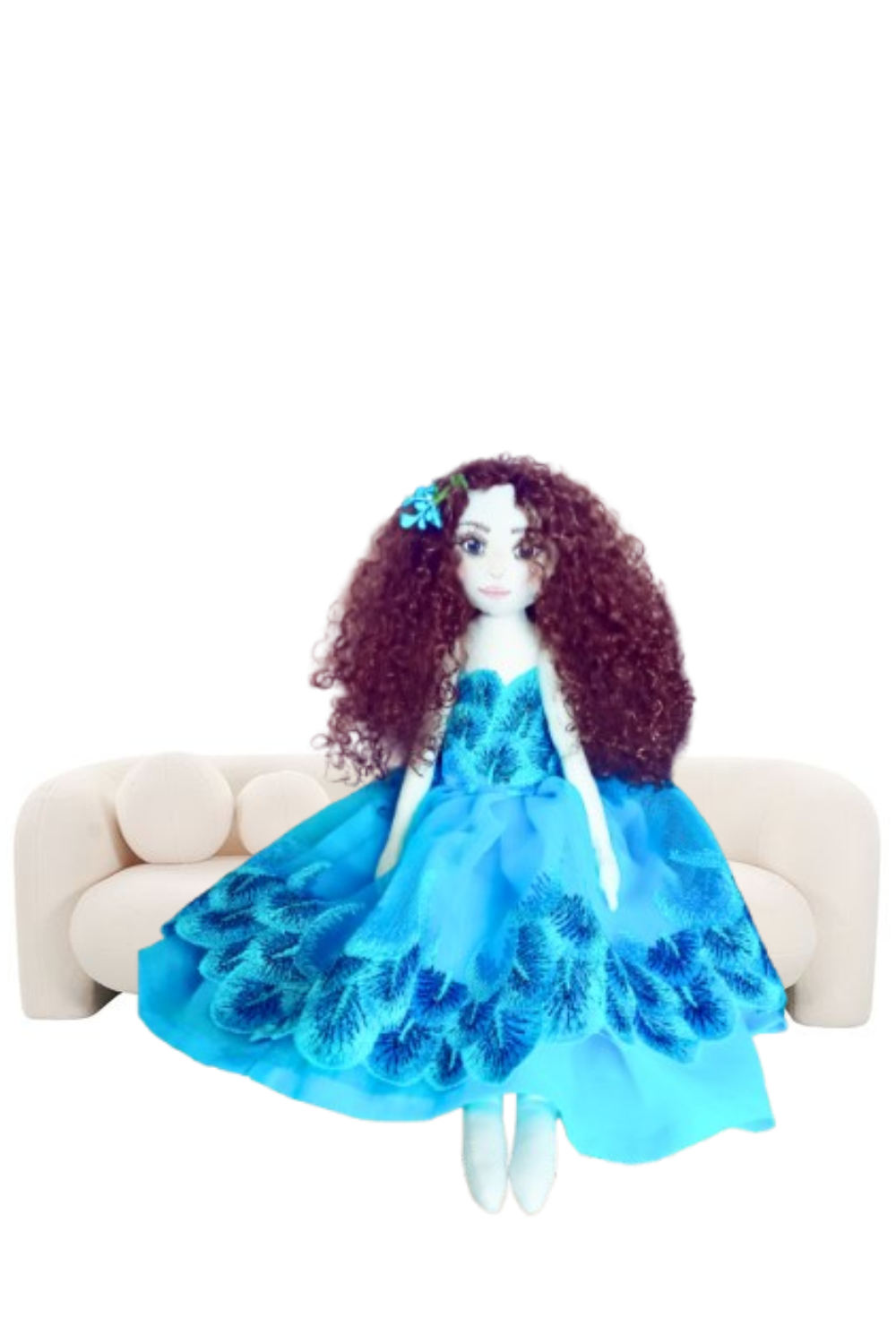 Hand-painted fabric doll with curly brown hair and unique clothing, collectible textile art doll