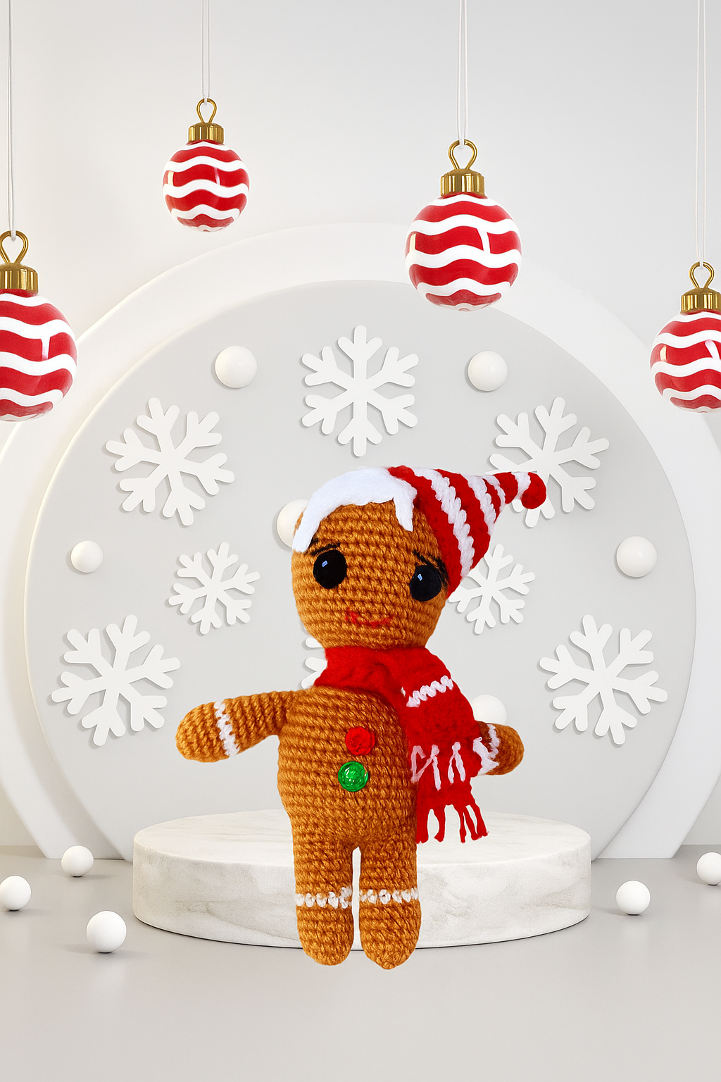 Crocheted gingerbread man toy with a Santa hat and red scarf, surrounded by Christmas ornaments and snowflakes.