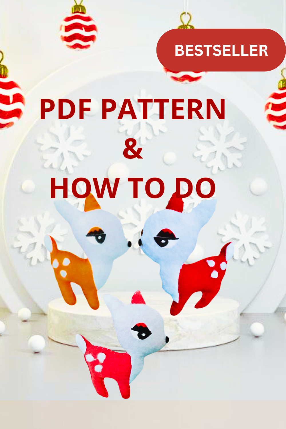 Three Christmas  felt deer  on a stand with snowflakes and Christmas ornaments, ready to download.