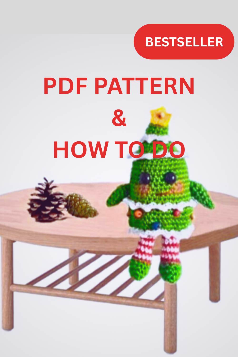 Crocheted Christmas tree with decorations on a wooden table, labeled as a bestseller PDF pattern and how-to guide.