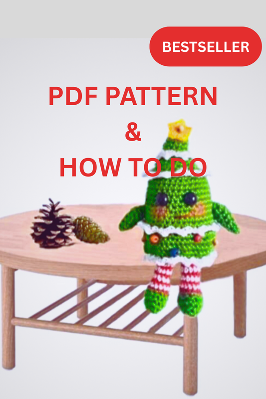 Crocheted Christmas tree with decorations on a wooden table, labeled as a bestseller PDF pattern and how-to guide.
