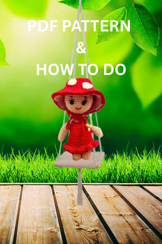Red crochet mushroom keychain made with amigurumi technique – small handmade toy with smiley face, created from the PDF pattern