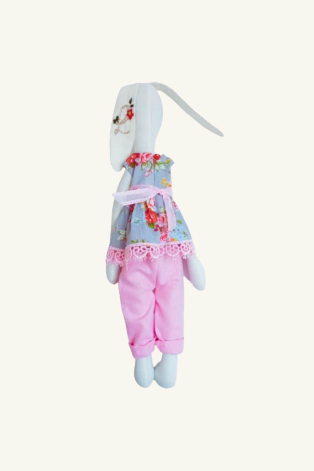 Custom bunny toy with letter L stitched on the front, perfect for baby gifts or nursery decor.

