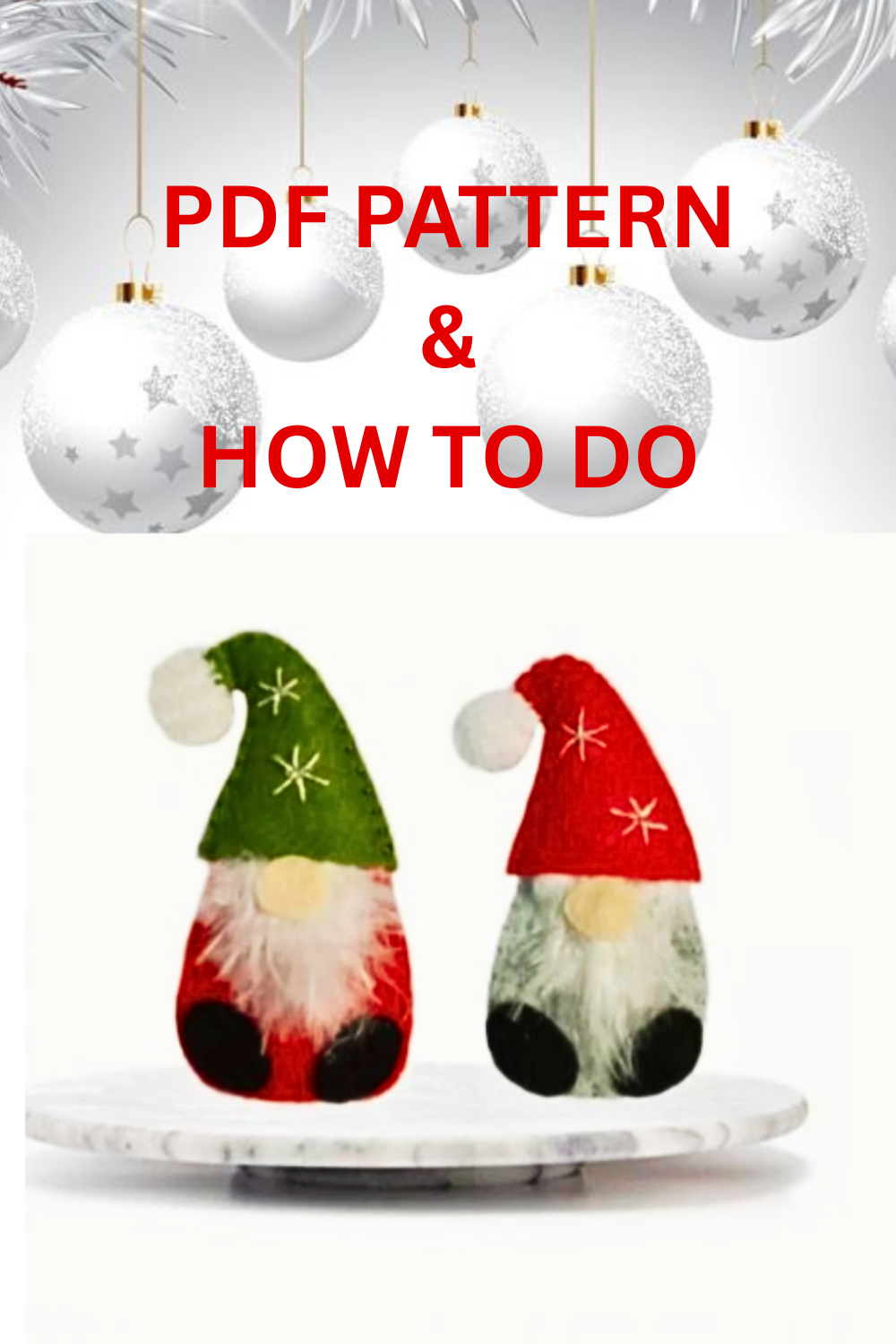 Felt Christmas gnome ornament made from red and gray felt, handmade using sewing pattern
