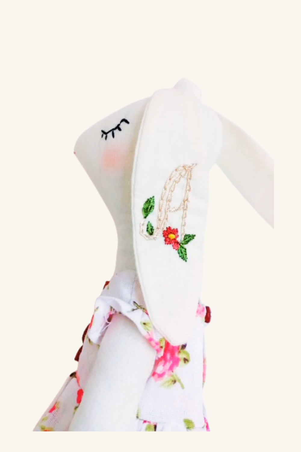 Custom bunny toy with letter A stitched on the front, perfect for baby gifts or nursery decor.