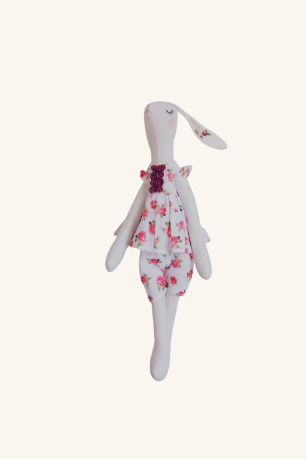 Custom bunny toy with letter A stitched on the front, perfect for baby gifts or nursery decor.