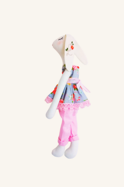 Custom bunny toy with letter L stitched on the front, perfect for baby gifts or nursery decor.