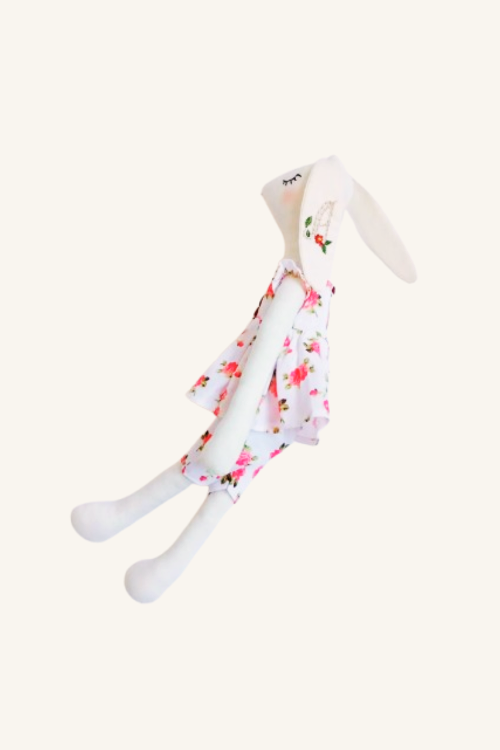 Handmade fabric bunny doll featuring custom initial A embroidery and long floppy ears.