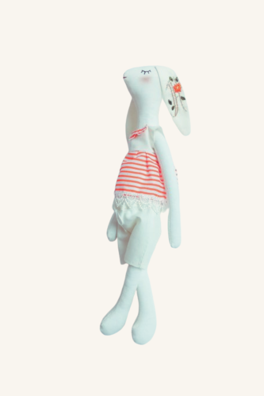 Custom tilda bunny doll with hand-embroidered letter on the ear