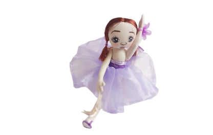 Hand-painted ballerina doll in a purple dress made of textile