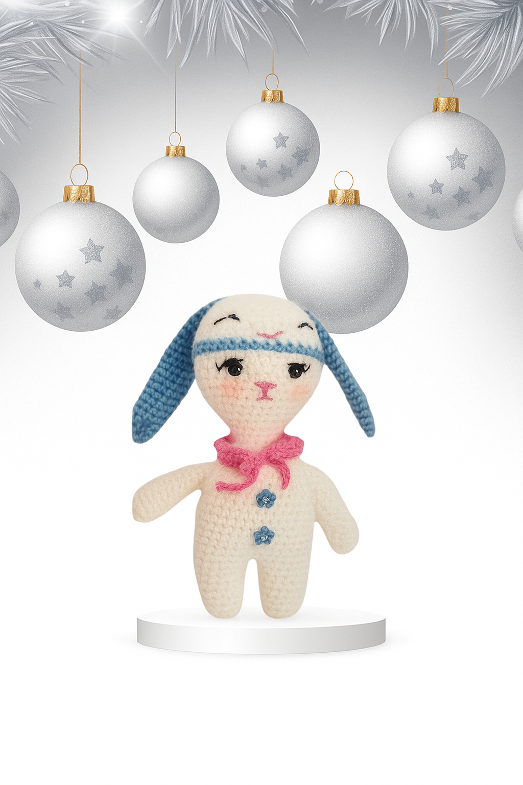 Hand holding a small crocheted white bunny ornament