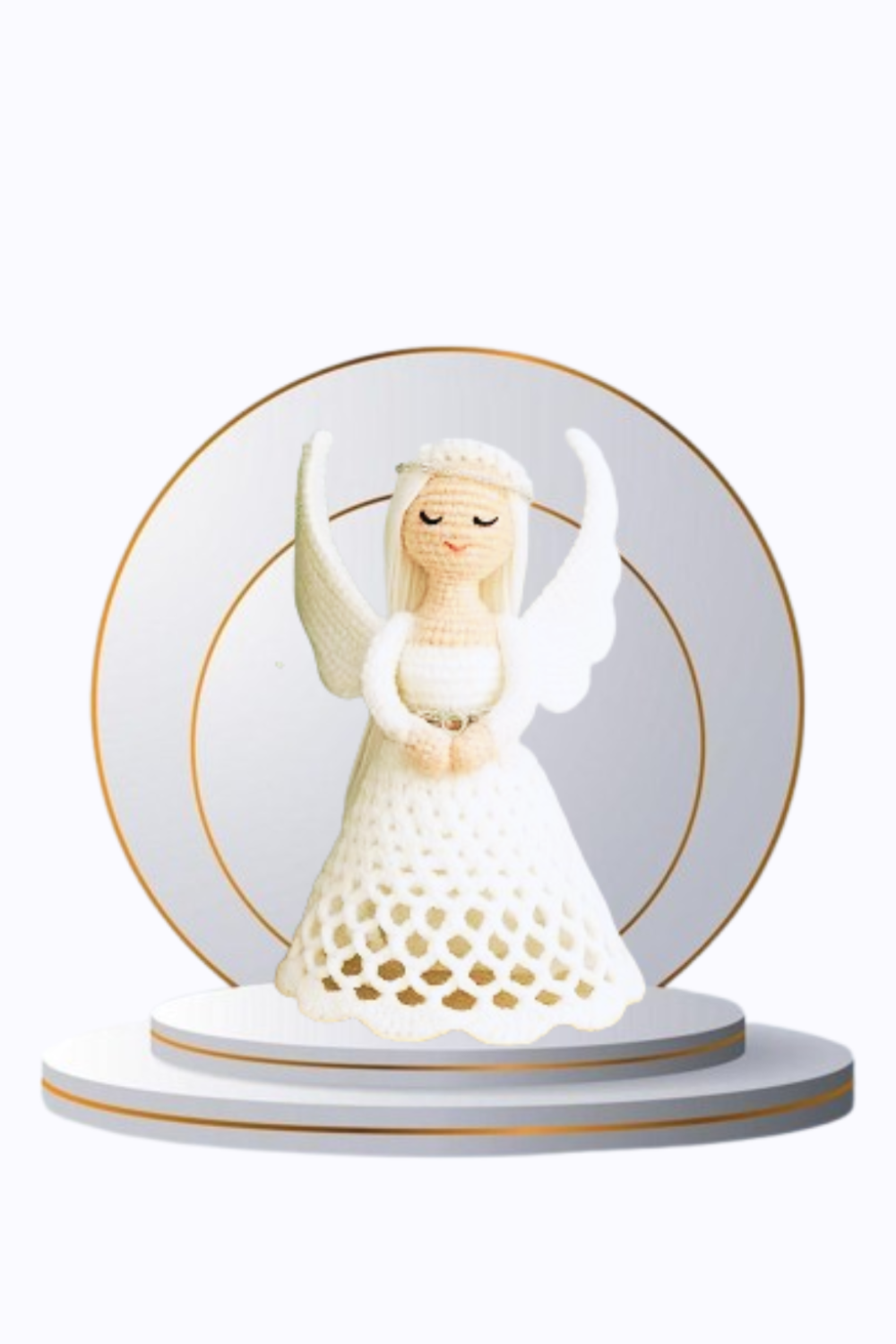 Crochet Christmas angel ornament – delicate white angel with wings and halo, holiday decor crochet project pattern.
