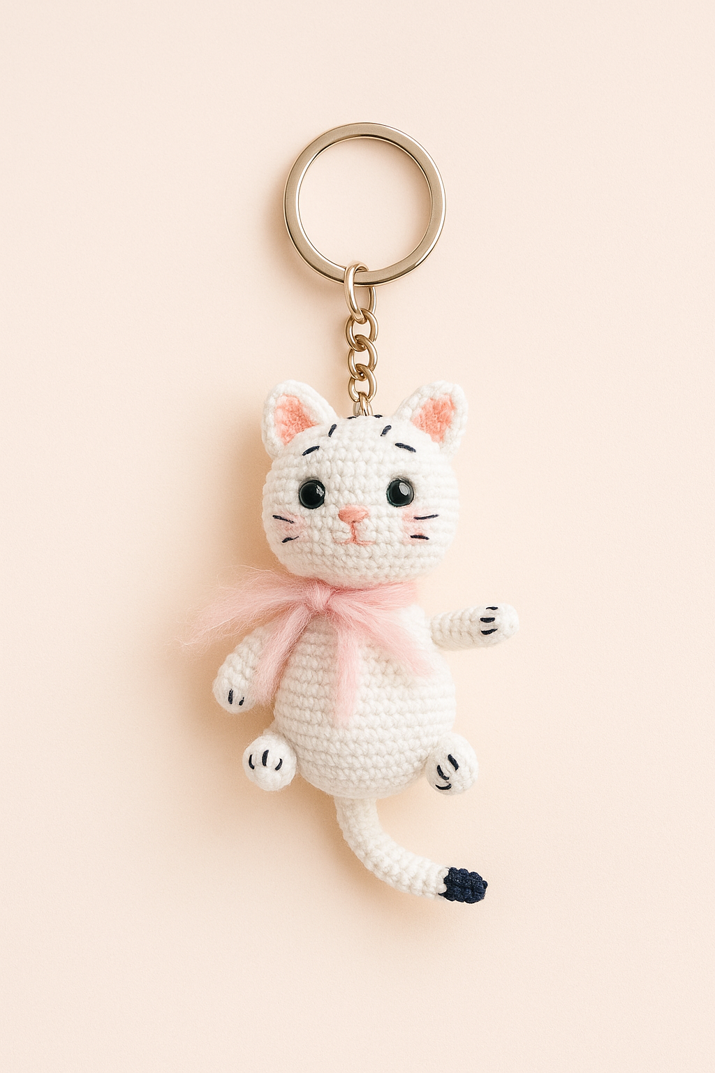 A small white crochet cat keychain with a pink scarf, handmade in amigurumi style