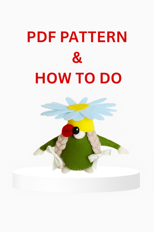 Felt daisy gnome sewing pattern, DIY craft template for handmade felt gnome with flower hat, beginner-friendly sewing project, printable PDF pattern for cute home decor