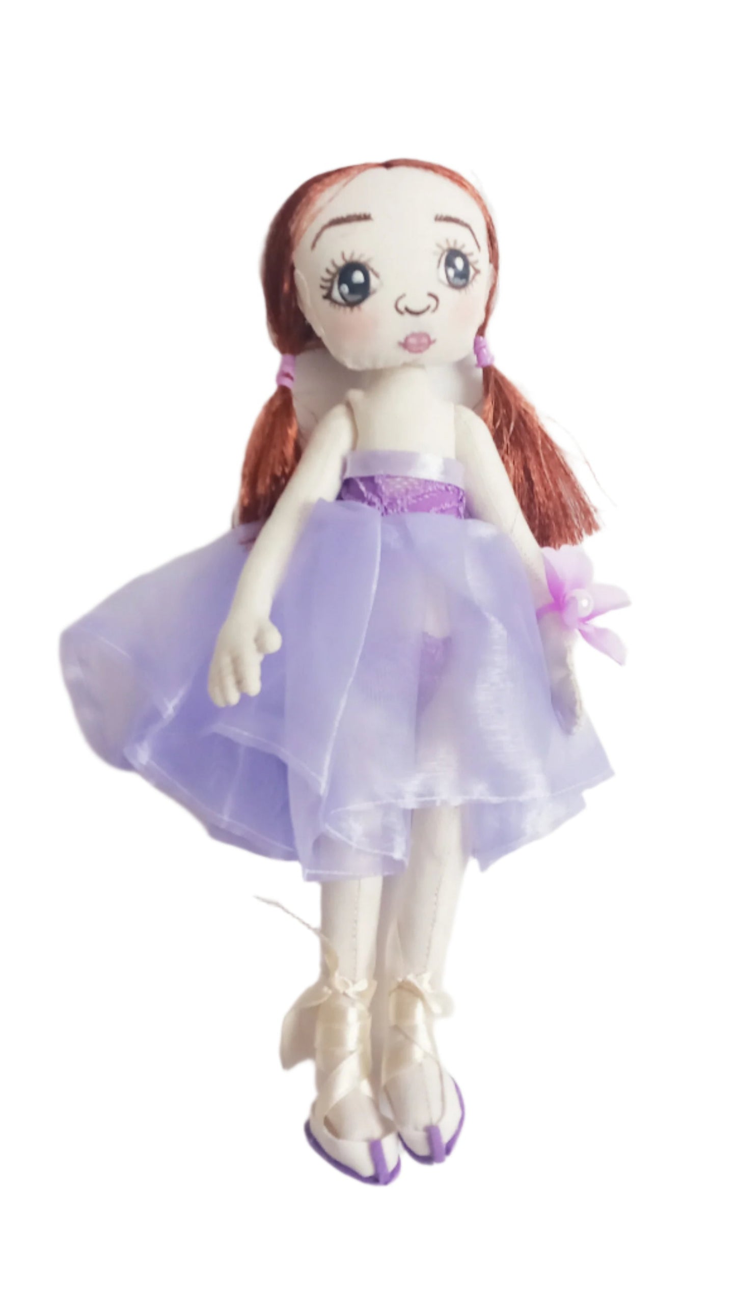 Purple-dressed ballerina cloth doll with delicate hand-painted face