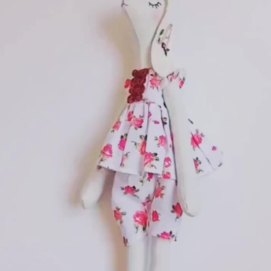 Custom bunny toy with letter A stitched on the front, perfect for baby gifts or nursery decor.