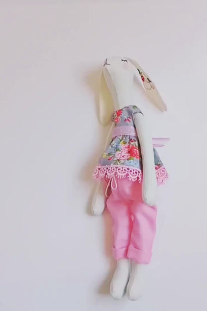 Handmade Tilda Bunny Doll – 17.7" Stuffed Rag Doll with Embroidered Letter L
