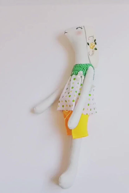 Handmade Stuffed Bunny Doll – 17.7" Personalized Tilda-Style Rag Doll with Hand Embroidered Details
