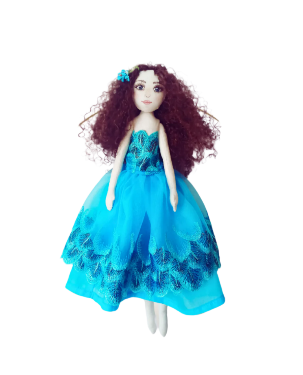 Side view of handmade textile princess doll showing curly hair and soft textile dress. A beautiful keepsake for kids.